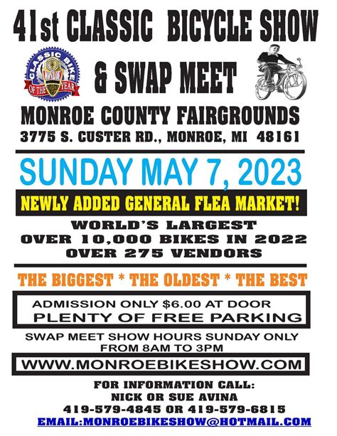 com Evolution of the bicycle display and demonstration 11 AM-5 PM May 28, 2023 Lakeside, Ohio Founders Day Sesquicentennial Event Captain. . Monroe bicycle swap meet 2023